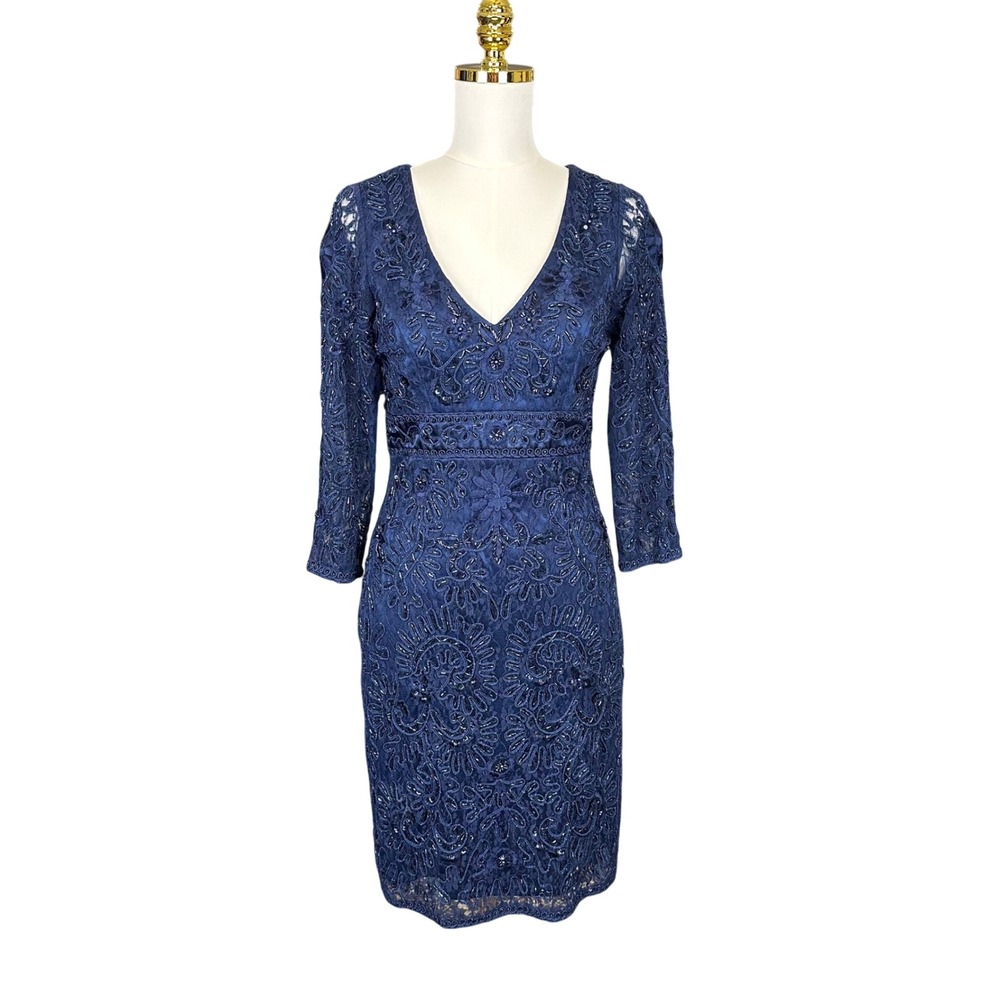 Sue Wong Navy Blue Beaded Lace Cocktail Dress V-Neck 3/4 Sleeve Formal Gown - Picture 4 of 16